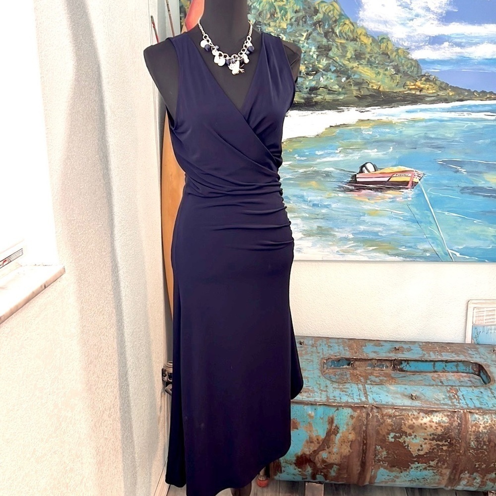 💙Michael Kors,Gorgeous Ruched Navy Asymmetrical Dress,Exposed Side Zip,Size M - Picture 3 of 11